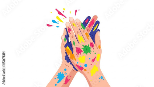 Hands covered in colorful paint splatters on white background for creative design with art and expression and inspiration and imagination and innovation