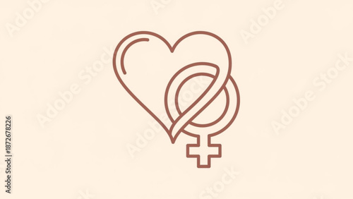 Intertwined heart and female symbol in brown on soft peach background representing love equality and feminism with feminist and social issue