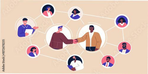 Diverse group of people connecting and collaborating in a network illustration