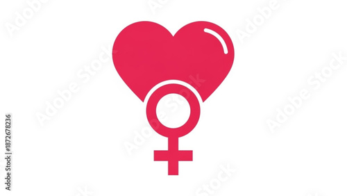 A bright pink heart shaped symbol combined with a female sign on a white background representing love and femininity in a modern flat design style