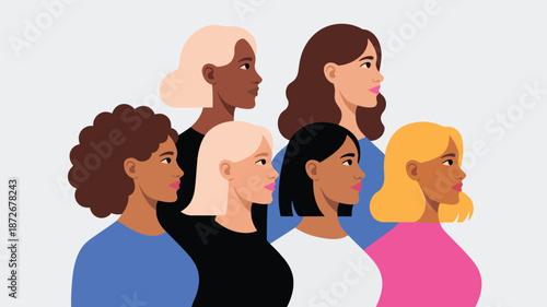 A diverse group of six women in profile facing right, showcasing different hairstyles and skin tones