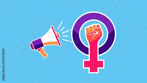 Vibrant illustration of a megaphone and female symbol with raised fist on light blue background representing female empowerment and protest with feminism