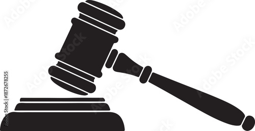 Black silhouette of a judge's gavel resting on a sound block on a white background justice legal
