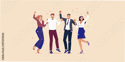 Celebratory moment A group of people joyfully jumping with confetti falling down