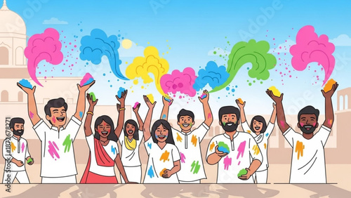 Diverse group of people celebrating holi festival with colorful powders in the air and on their clothes outdoors in front of a historic building on a sunny day