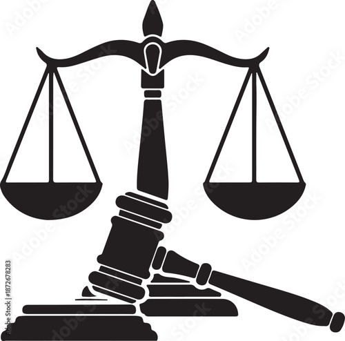 Black silhouette of justice scales with gavel on white background legal court