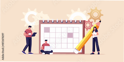 Planning and scheduling with team collaboration calendar and gears illustration