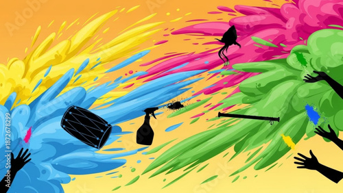 Vibrant abstract artwork featuring colorful paint splatters and silhouetted hands holding spray paint cans with colorful splatters and vibrant colors