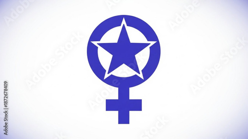 Vibrant blue venus symbol with star inside circle on white background representing female empowerment and feminism with feminist and equality