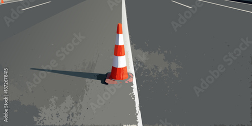 A lone traffic cone stands on an asphalt road with a white line