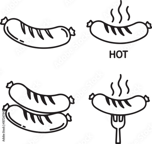Four hand drawn black and white sausage illustrations with steam and fork hotdog food