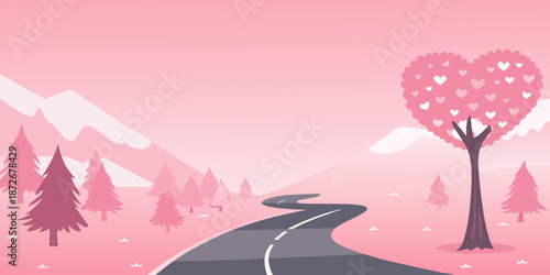 A winding road leads toward a heart shaped tree in a pink landscape