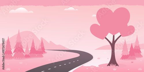 A pink landscape featuring a winding road heart shaped trees and mountains