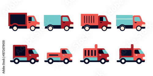 Colorful flat design illustrations of different types of delivery and service trucks