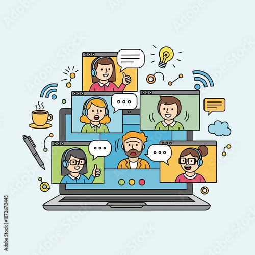 Video Conference Call on Laptop Screen.