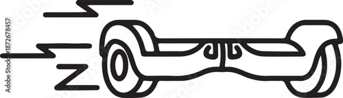 Hand drawn black and white illustration of a hoverboard with motion lines self balancing