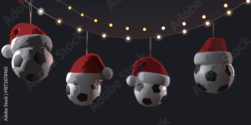 Festive fun soccer balls wearing santa hats hang from string lights