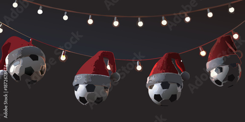 Festive soccer balls adorned with santa hats hang among glowing string lights