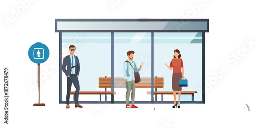 People waiting at a bus stop shelter casually dressed in urban setting