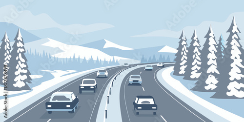 Winter highway through a snowy landscape with mountains and evergreen trees