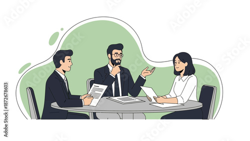 Business meeting illustration of three people discussing strategy around a table