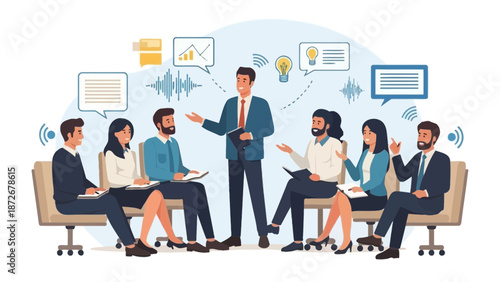 Business meeting with presentation and group discussion, diverse team collaborating