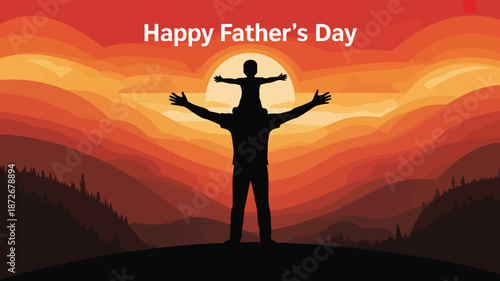 A loving father carries his happy child on shoulders, celebrating Fathers Day against a warm sunset