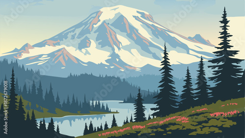 Majestic Snow-Capped Mountain Landscape with Lake and Pine Forest Illustration