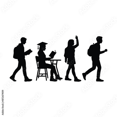 Silhouette representation of students walking studying and celebrating academic achievements in a black and white style
