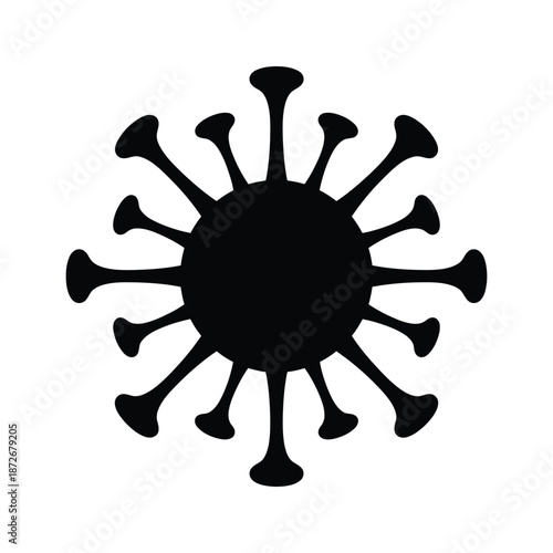 A simple black and white illustration depicting a virus with protruding spike proteins is shown