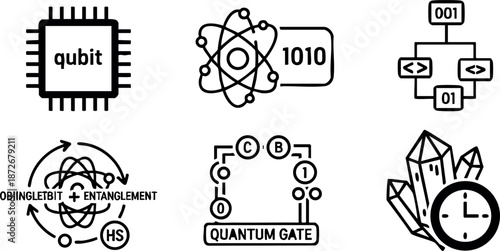 Quantum computing icons set with qubit chip quantum gate entanglement and crystal clock symbols vector illustration