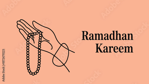 A minimalist outline drawing showing a hand holding prayer beads for Ramadhan Kareem