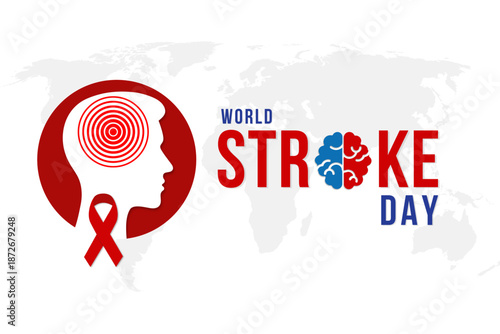 World Stroke Day concept with red awareness ribbon, human head silhouette, and brain icon on world map background. Symbol of stroke awareness, healthcare education, and global health campaign