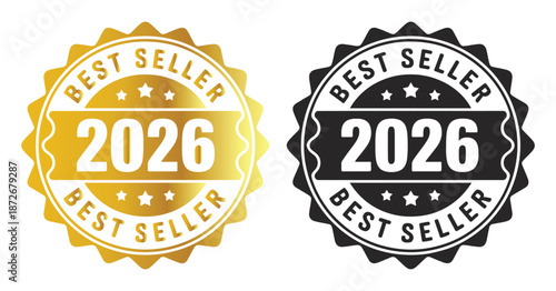 2026 Best Seller Award Badge Design, 2026 bestseller vector stamp, product recognition icon, sales promotion, marketing, and e-commerce graphics design.