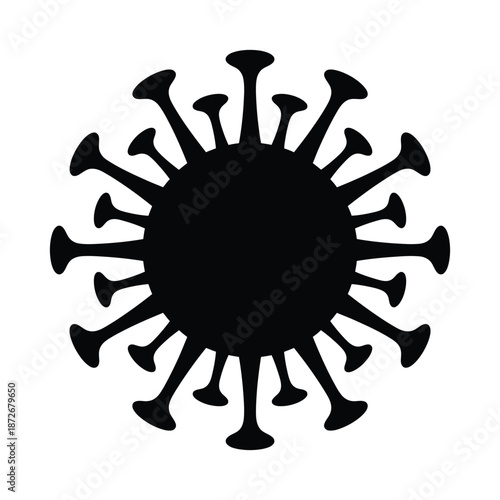 A simplistic black and white illustration depicting a coronavirus structure with protruding spike proteins clearly visible