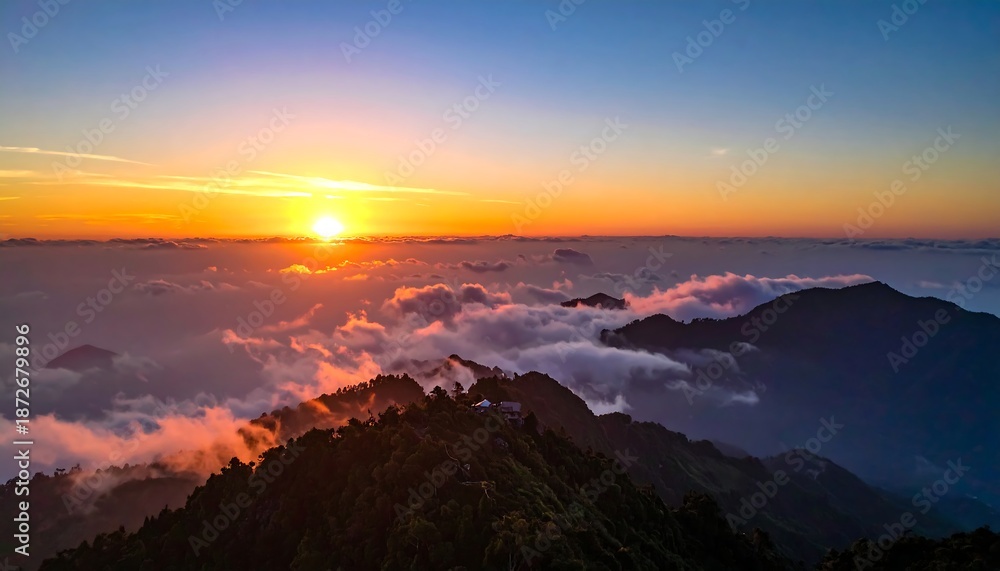 Obraz premium Aerial view of a mountain range at sunrise, clouds below