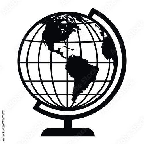 A black and white illustration of a vintage style globe depicting continents and grid lines