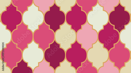 A seamless Moroccan elongated quatrefoil tile pattern displays shades of pink, purple, and cream colors
