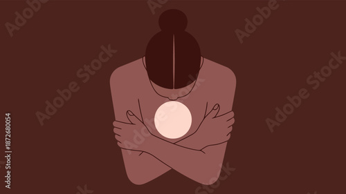 A simplified illustration depicts a person with arms crossed and head bowed showing a glowing light on chest