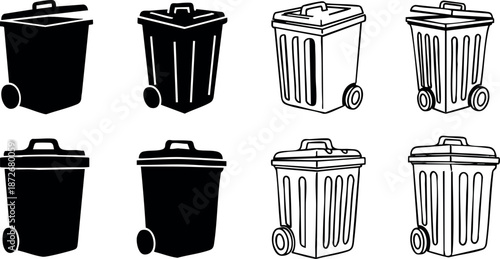 Trash bins vector collection with black and white garbage containers in different styles for waste disposal and recycling purposes