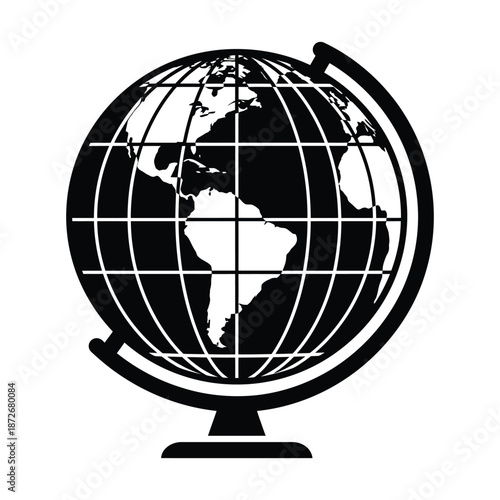 A detailed black and white illustration of a classic globe showing continents and grid lines