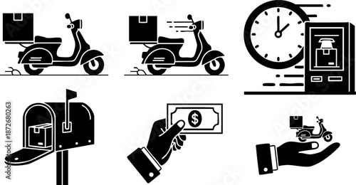 Delivery scooter clock mailbox hand holding money package fast courier service vector icons set