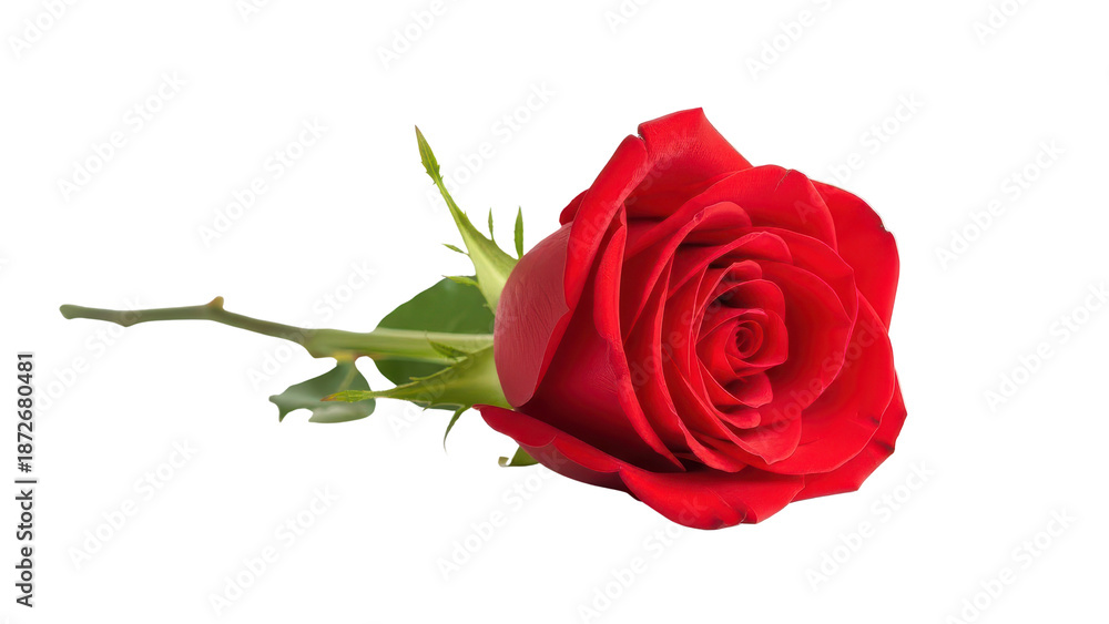 Naklejka premium Single Red Rose Flower with Green Stem isolated PNG with Transparent Background