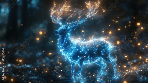 Magical Glowing Deer Spirit Illuminated by Ethereal Blue and Orange Light in a Dark Enchanted Forest at Night with Floating Orbs