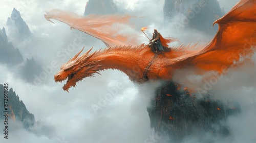 Vibrant Orange Dragon Soaring Through Misty Mountain Peaks with Rider in Pixelated Fantasy Landscape