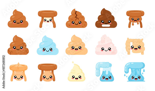Kawaii poop emoji characters for stool type chart flat vector collection isolated on transparent background