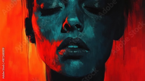Close Up Of A Woman's Face With Eyes Closed Illuminated By Red And Teal Light With Digital Glitch Effect