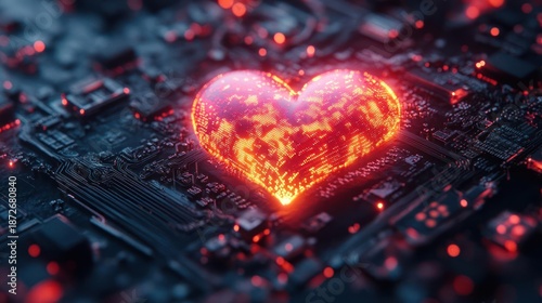 Glowing Orange Heart Symbol Emerging From A Dark Electronic Circuit Board With Red Lights And Bokeh Effects Detailed Macro View