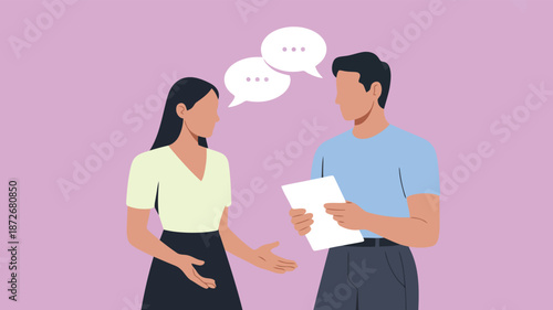 Two diverse people are engaged in a business discussion holding documents with speech bubbles
