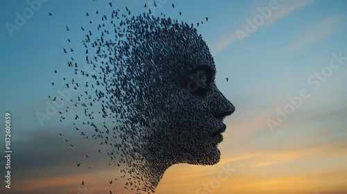 Abstract Human Head Form Dissolving Into Pixels Against A Warm Sunset Sky With Clouds